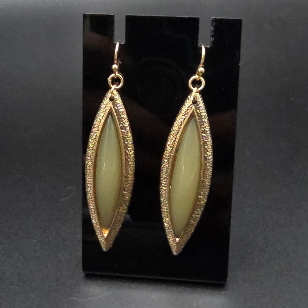 Green Elongated Marquise Earrings Gold Tone